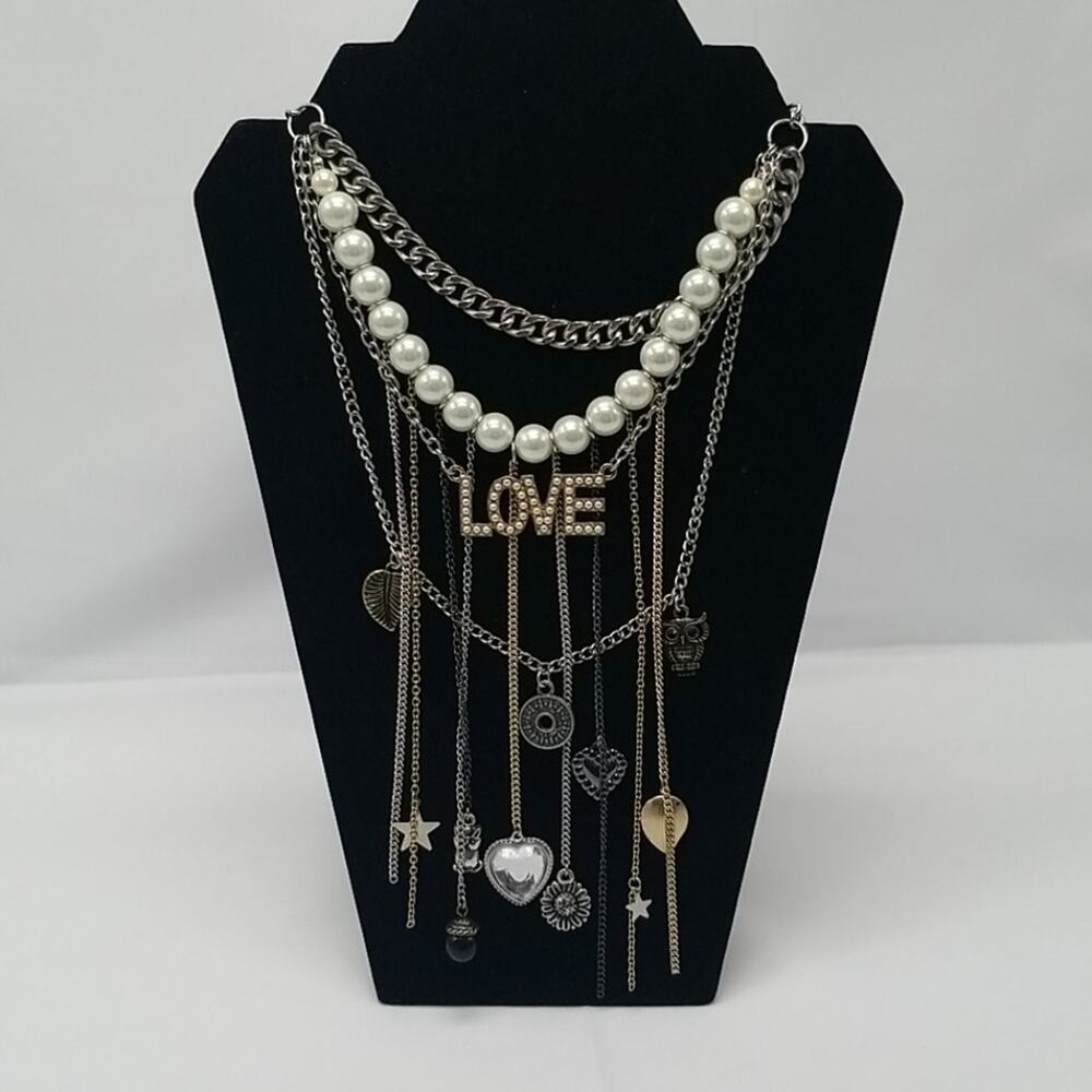 Statement Necklace Mixed Material Layered Fringe Love Y2K Style